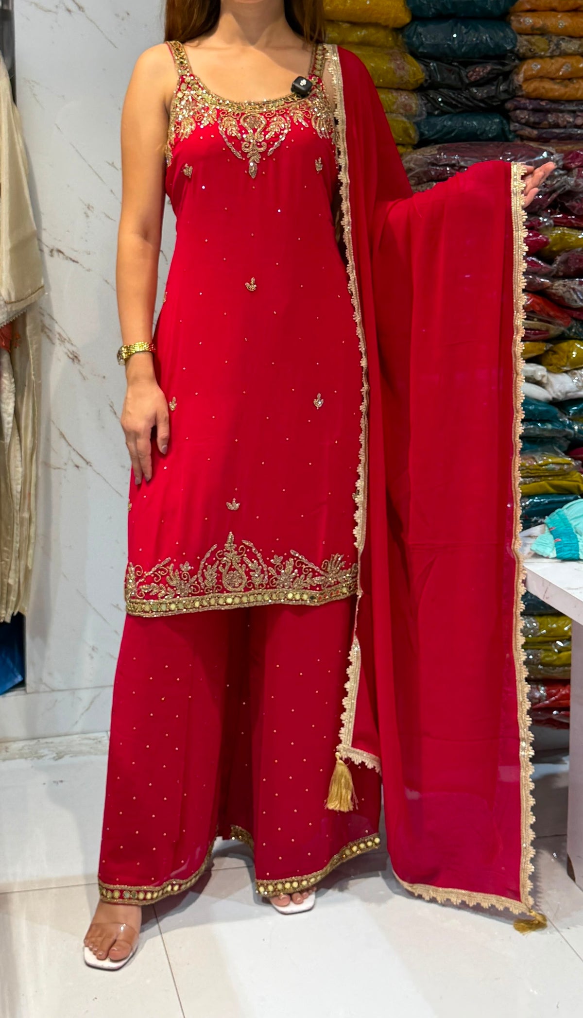 Ruby Red & Gold Embroidered Sleeveless Kurtha Set