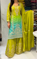 Lime Green & Aqua Ombré Embroidered Kurtha Palazzo Set