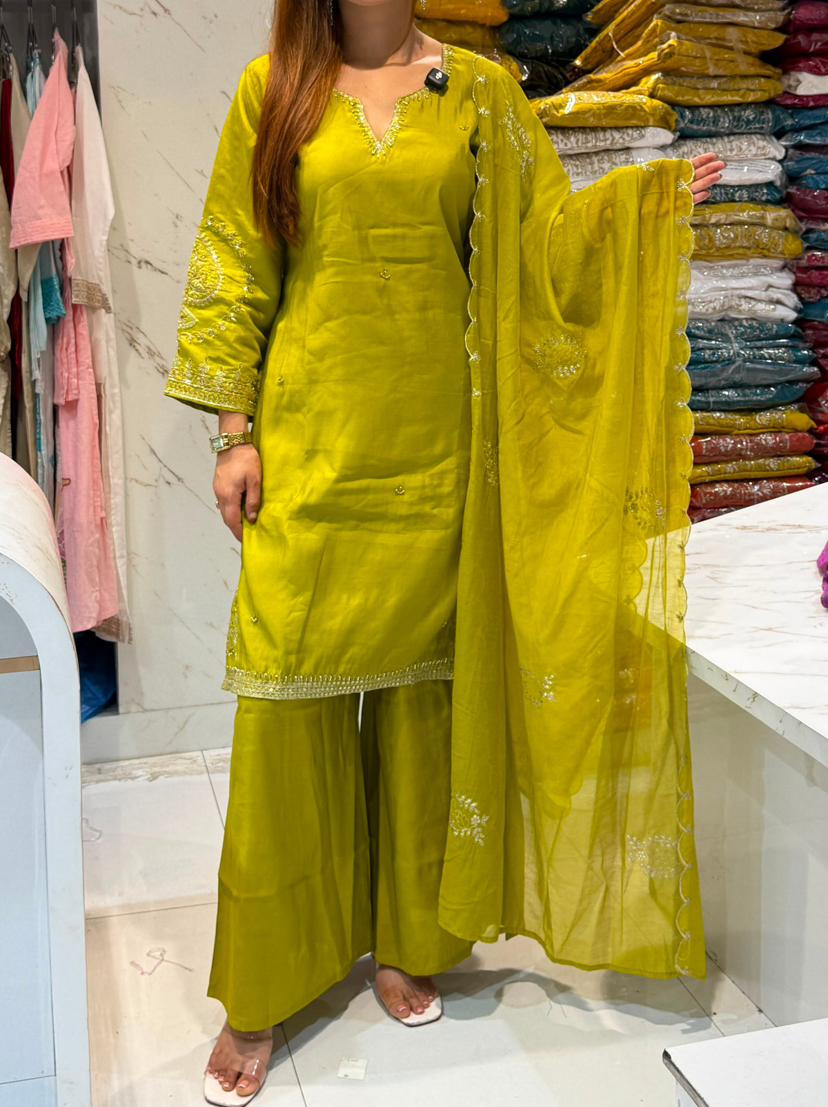 Lime Green Elegant Embroidered Kurtha Palazzo Set