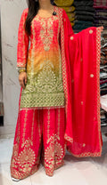 Royal Red & Gold Embroidered Ombré Kurtha Set