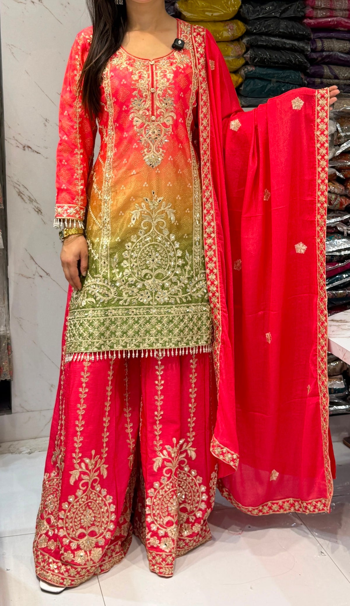Royal Red & Gold Embroidered Ombré Kurtha Set