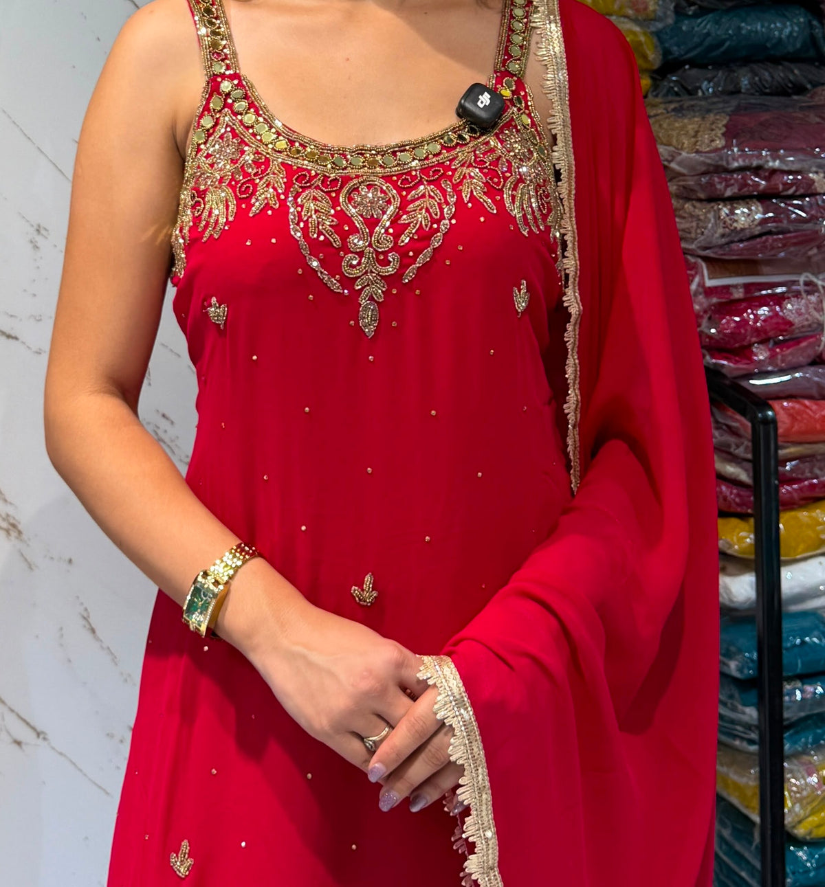 Ruby Red & Gold Embroidered Sleeveless Kurtha Set