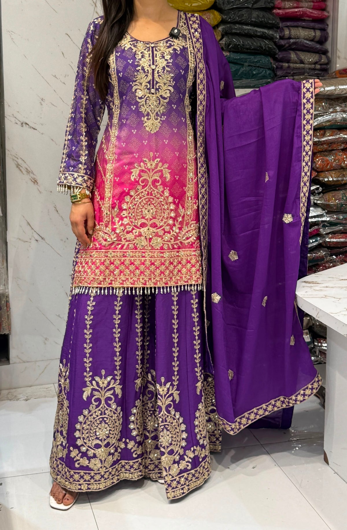 Royal Purple & Pink Ombré Embroidered Kurtha Palazzo Set