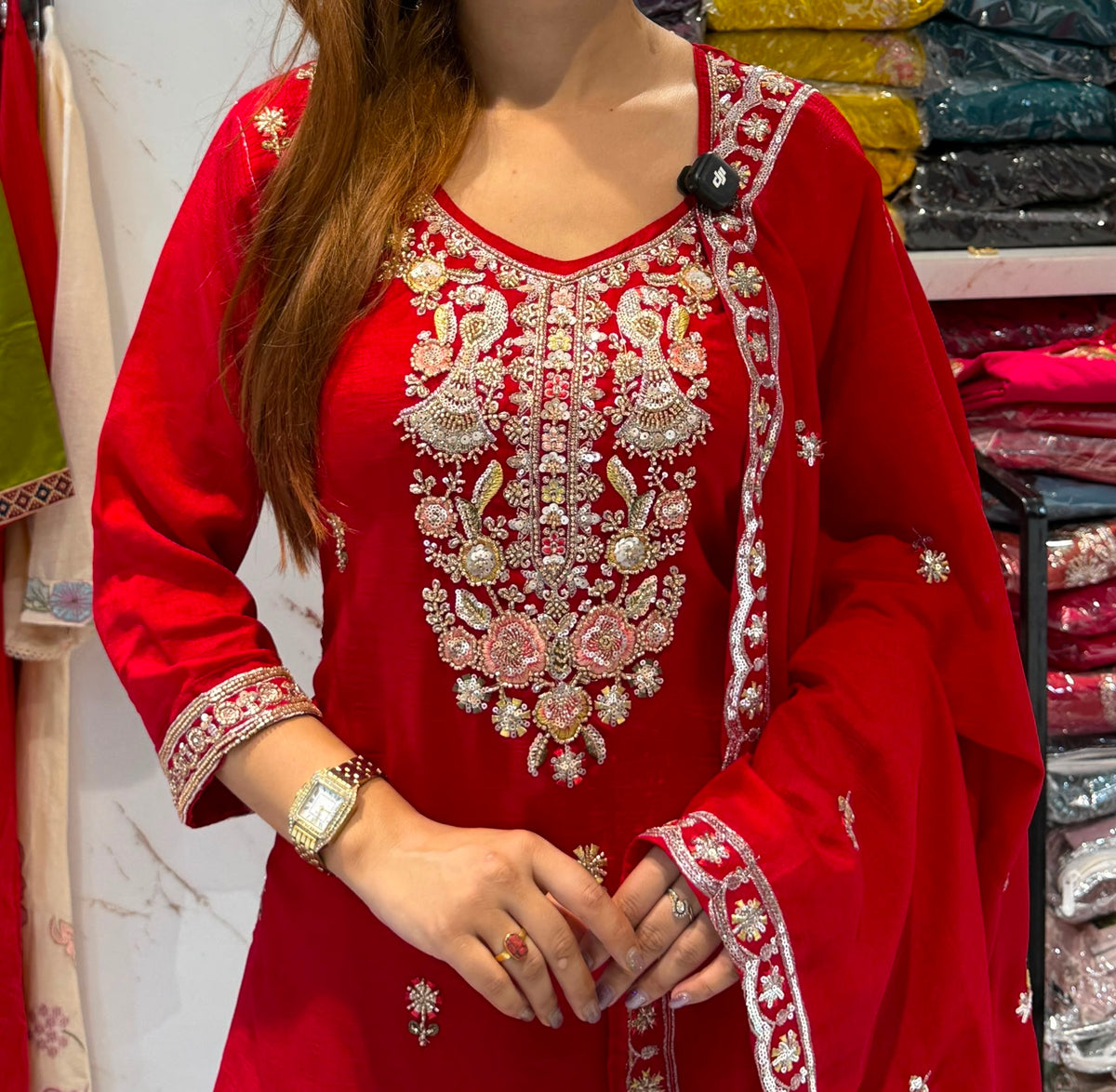 Luxury Red & Gold Embroidered Kurtha Set