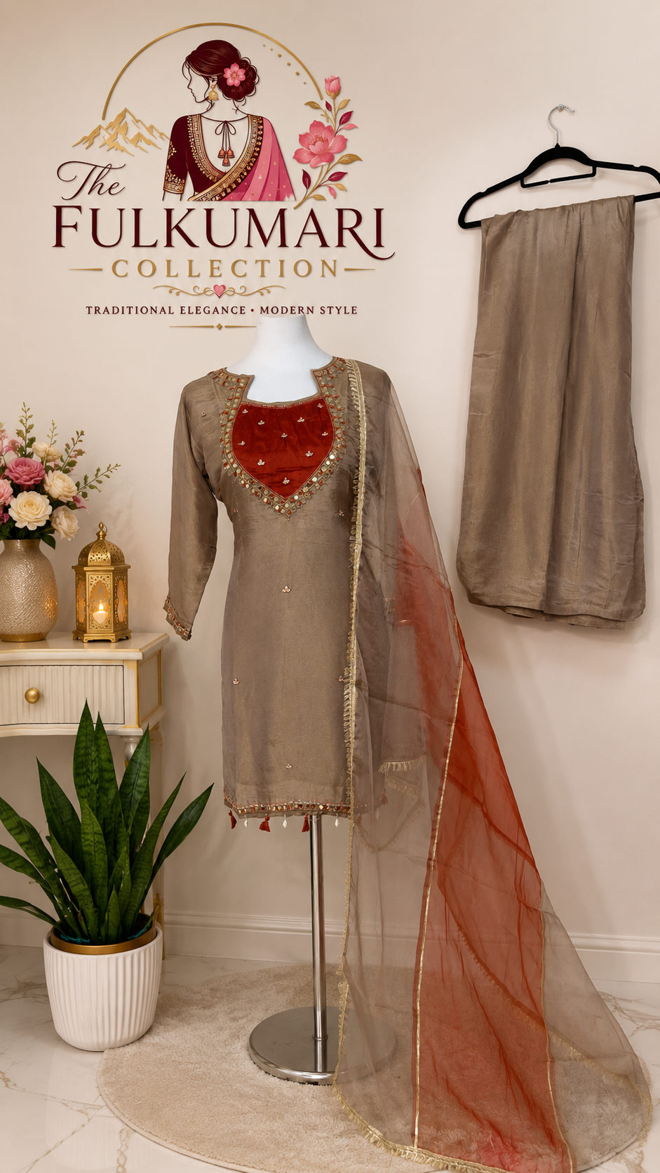 Taupe brown, red, and gold kurtha set