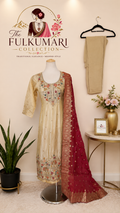 Champagne Gold Embroidered Kurta Surwal Set with Deep Pink Dupatta