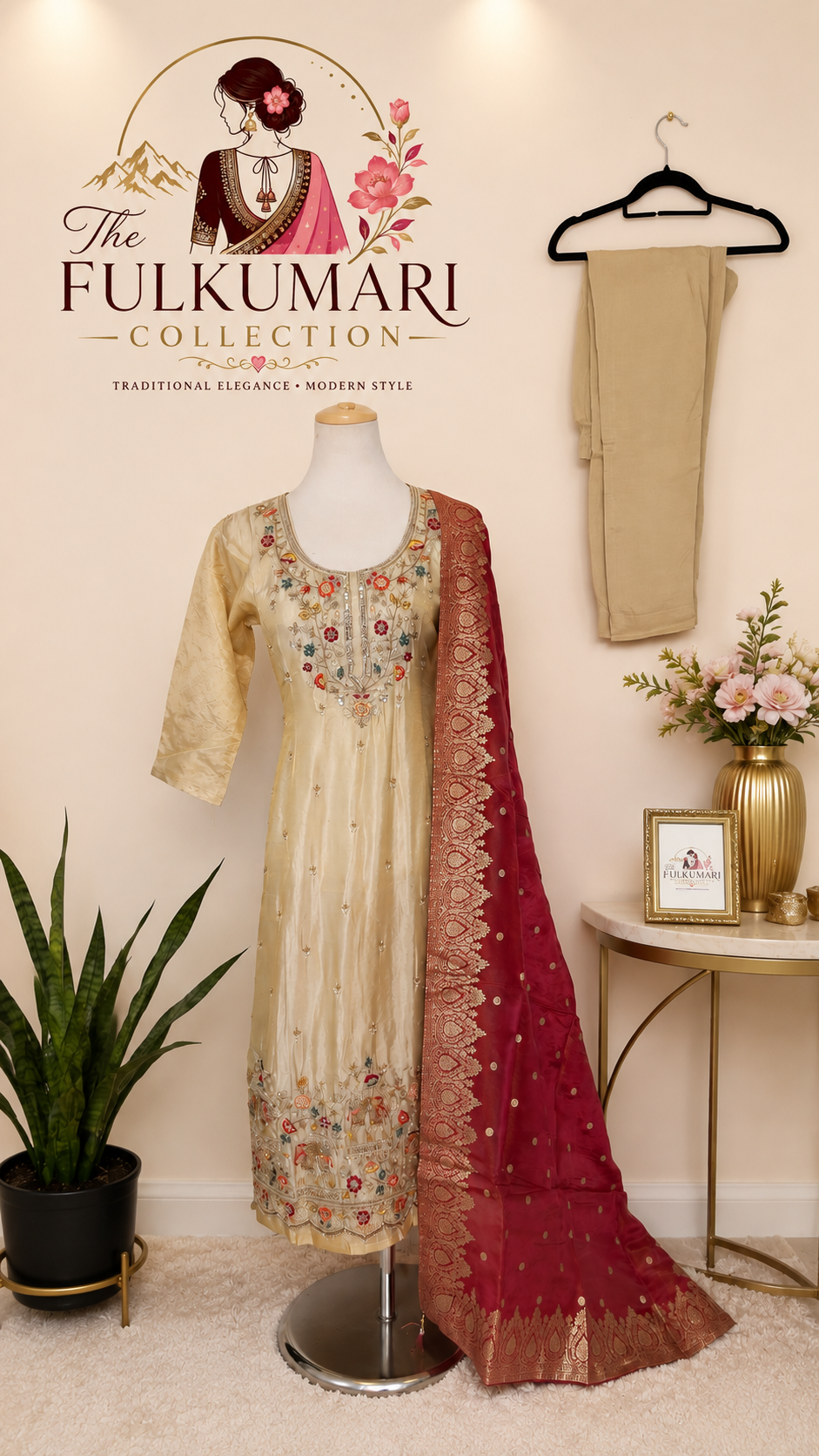 Champagne Gold Embroidered Kurta Surwal Set with Deep Pink Dupatta