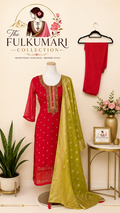 Red Embroidered Kurta Surwal Set with Green-Gold Dupatta
