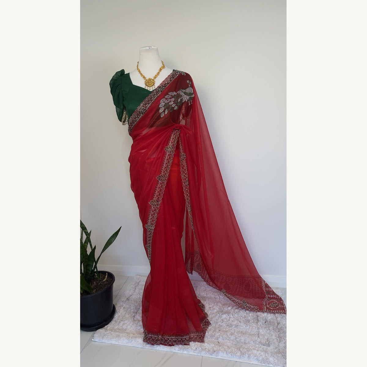 Elegant Red Embroidered Saree only